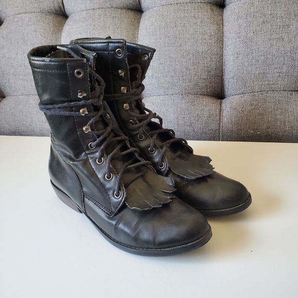 Steve Madden Women's Vegan Faux Leather Fringe Combat Boots Black - Picture 1 of 16